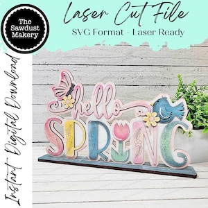 Hallo Frühling Wort Kunst Shelf Sitter Stehendes Zeichen Datei SVG | Frühling Laser Cut Datei | Frühlingsmantel Dekor |  Shelf Sitter SVG