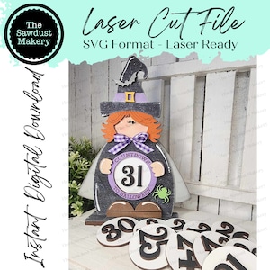 May include: A wooden witch figurine with a black hat and purple bow, holding a round sign that says "COUNTDOWN 31 TO HALLOWEEN". There are 10 additional round wooden pieces with numbers 1 through 10, for a Halloween countdown.