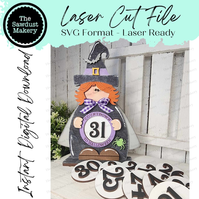 May include: A wooden witch figurine with a black hat and purple bow, holding a round sign that says "COUNTDOWN 31 TO HALLOWEEN". There are 10 additional round wooden pieces with numbers 1 through 10, for a Halloween countdown.