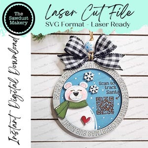 Urso polar Papai Noel rastreador enfeite de natal arquivo SVG | Arquivo de corte a laser | Enfeite de natal urso | Enfeite SVG | Natal Laser Svg