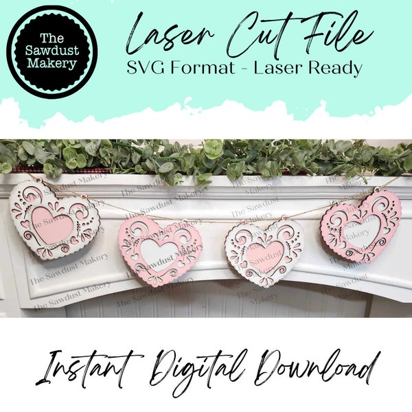 Lace Heart Valentine Banner SVG | Laser Cut File | Glowforge | Valentine's Day SVG | Valentine Heart SVG | Banner | Love | Valentine