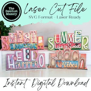Bloques de palabras de playa de verano en miniatura, juegos de 5 y 6 letras adicionales / Archivo de corte láser SVG de bloques de palabras en miniatura / Glowforge / Archivo SVG de pie