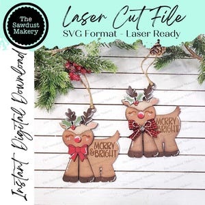 Ornement de Noël joyeux et lumineux renne Fichier SVG | Fichier découpé au laser | Ornement de Noël SVG | Ornement SVG | Renne Laser Svg