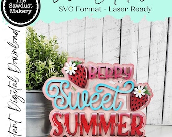 Summer Strawberry Word Art Shelf Sitter Standing File SVG | Summer Laser Cut File | Strawberry decor |  Strawberry SVG