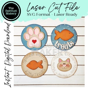 Cat Treat Round Bundle | Candy/Mason/Cookie Jar lid Interchangeable Frame SVG | Laser Cut File | Interchangeable Frame