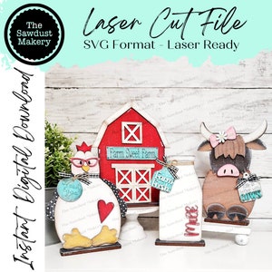 Standing Farm Shelf Sitter SVG | Highland Cow laser cut file | Laser SVG  | Glowforge | Chicken SVG | Barn svg | Fresh Milk svg | Cows
