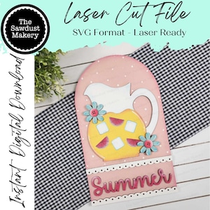 May include: A pink and yellow laser cut file for a summer themed pitcher with the word "Summer" at the bottom. The file is in SVG format and is laser ready.