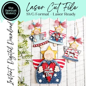 May include: Four laser cut wooden angel ornaments with a patriotic theme. Each angel has a red, white, and blue color scheme with stars and stripes. The angels have different sayings on them, including "Let Freedom Ring", "Liberty", and "1776".