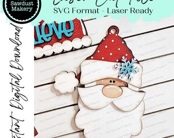 Puede incluir: Un archivo de corte láser con un adorno de Papá Noel con gorro rojo y barba blanca. El diseño incluye un copo de nieve azul y el texto "Laser Cut File SVG Format - Laser Ready". También incluye el texto "Instant Digital Download".