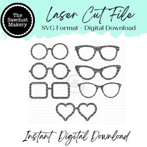 Op de afbeelding: Een digitaal SVG-bestand met verschillende brillenontwerpen, waaronder ronde, vierkante en hartvormige monturen. De tekst "Laser Cut File" en "SVG Format - Digital Download" wordt boven de brillen weergegeven.