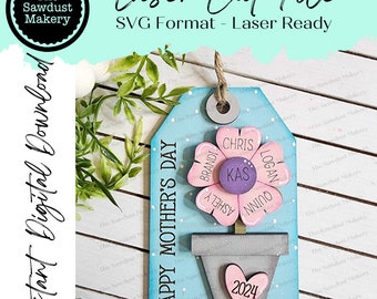 Happy Mother's Day Flower Tags Gift Card Holder Laser Cut SVG File | Personalized Mother's Day Gift Card Holders | Laser SVG File