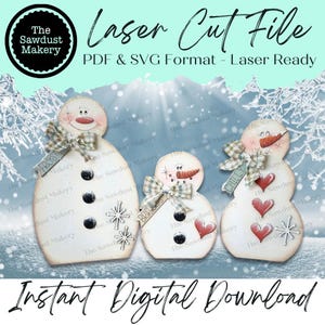 May include: Laser cut file design of three snowmen with a wintery background. The snowmen are different sizes and have different details, including a carrot nose, buttons, and a scarf. The text "FROST" and "CHILLY" are on the snowmen. The text "Instant Digital Download" is at the bottom of the image.