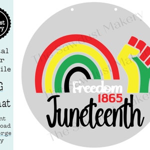 Op de afbeelding: Een digitaal snijbestand voor een Juneteenth-ontwerp met een regenboog in de kleuren van de Pan-Afrikaanse vlag, een gebalde vuist en de tekst "Freedom 1865 Juneteenth".