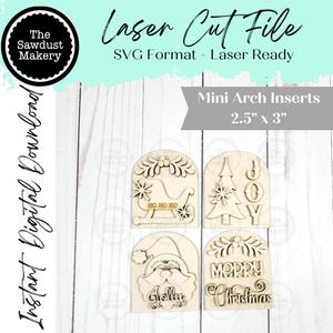 May include: Laser-cut wooden mini arch inserts, 6.35cm x 7.62cm, with Christmas designs: a sleigh with "HO HO HO", a Christmas tree with "JOY", Santa Claus with "Jolly", and "Merry Christmas".