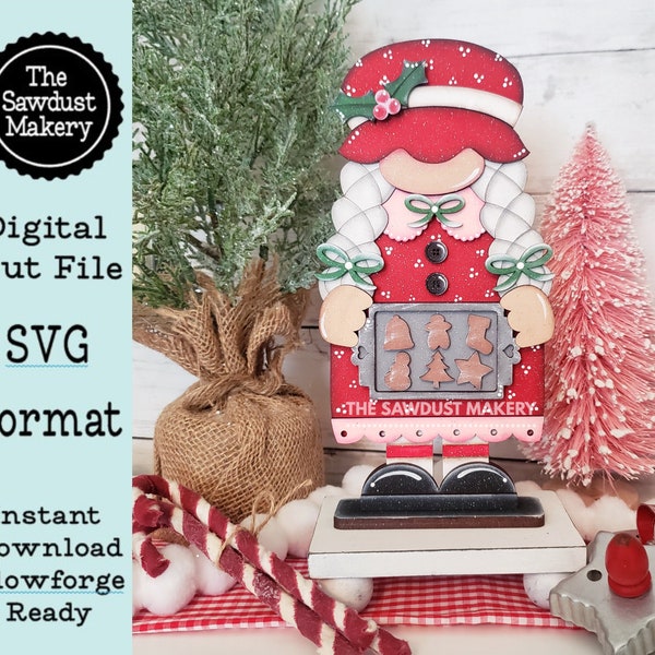 Mrs. Claus Bakery Gnome SVG File  | Laser Cut File | Standing Gnome SVG File | Gnome | Gnome Shelf Sitter | North Pole Gnome SVG