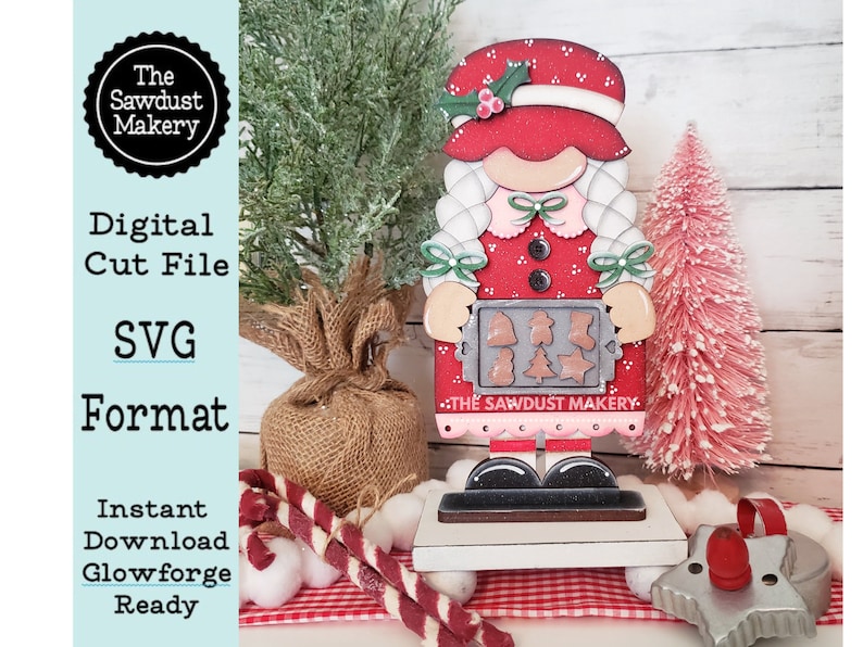 Mrs. Claus Bakery Gnome SVG File Laser Cut File Standing Gnome SVG File Gnome Gnome Shelf Sitter North Pole Gnome SVG image 1