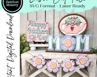 Mother's Day Teapot Tiered Tray SVG File | Mom Tiered Tray set | Laser cut file  | Mother's Day SVG
