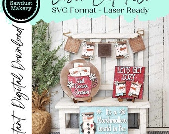 Marshmallow Winter Snowman Chocolate Smores Tiered Tray SVG File | Laser Cut File | Glowforge | Marshmallow SVG | Hot Cocoa SVG | Smores svg