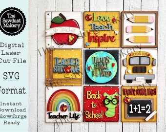 May include: Nine colourful square signs with various school-themed designs. The signs feature a red apple, pencils, a school bus, a rainbow, a worm, and a chalkboard. The signs have text that reads "A+ Teacher", "Love Teach Inspire", "Teacher Strong", "Teachers Change the World", "Back to School", "Teacher Gonna Teach", and "1+1=2".