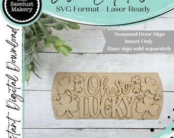 May include: A laser-cut wooden sign insert featuring the text Oh so LUCKY in a mix of script and block lettering, surrounded by various sizes of shamrock cutouts. The rectangular piece has curved sides and is designed for seasonal door decor.