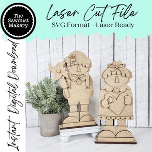 Staande primitieve Raggedy Ann & Andy Americana Shelf Sitter-bestand SVG |  Lasergesneden bestand | Americana-decor | Primitive Shelf Sitter SVG