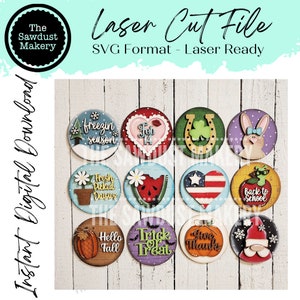 12 Month Seasonal Round Bundle | Candy/Mason/Cookie Jar lid Interchangeable Frame SVG | Laser Cut File | Interchangeable Frame