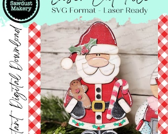 May include: A digital download SVG file for laser cutting a Christmas Santa Claus figure. The Santa is holding a gingerbread man and a candy cane. The file is ready to be used with a laser cutter.