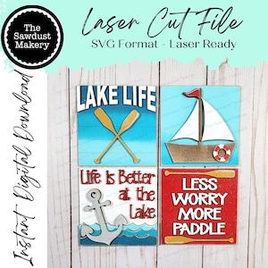 Puede incluir: Archivo de corte láser con cuatro placas de madera cuadradas con diseños temáticos de lago. Cada placa tiene un diseño diferente, incluyendo remos cruzados, un velero, un ancla y el texto "Less Worry More Paddle."