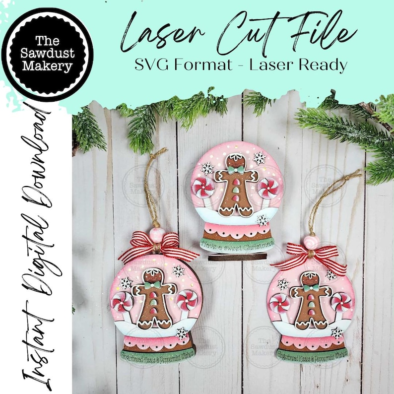 Gingerbread Kisses Christmas Lighted Snow Globe Ornament SVG File ...