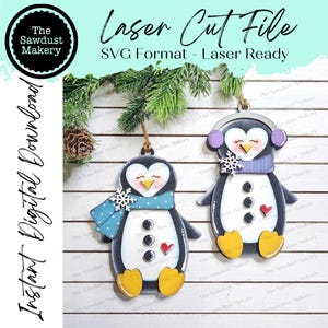 Fichier SVG de décoration de Noël pingouin | Fichier découpé au laser | Décoration de Noël pingouin | Ornement SVG | Ornement personnalisé svg