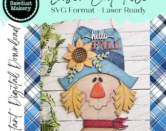 Hello Fall Scarecrow Door Hanger | Thanksgiving | Door Hanger | SVG File | Laser Cut File | Glowforge | Fall SVG Decor | Scarecrow SVG