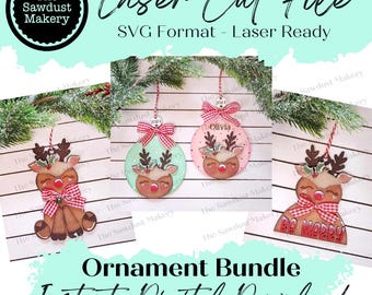 May include: A set of three laser cut SVG files for Christmas ornaments. The ornaments feature a reindeer with a red bow and the text "Be Happy". The ornaments are ready to be cut on a laser cutter.