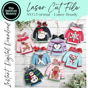 Ornement de pull de Noël, porte-cartes cadeau, fichier SVG découpé au laser | Décorations de Noël | Fichier SVG laser | Forgelumineuse | Étiquette cadeau SVG