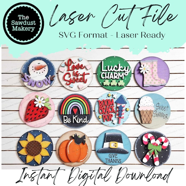 Vol.  4 ~ 12 Month Seasonal Round Bundle | Candy/Mason/Cookie Jar lid Interchangeable Frame SVG | Laser Cut File | Interchangeable Frame
