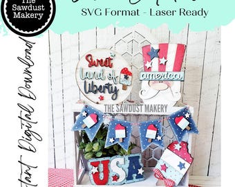 Archivo SVG de bandeja escalonada Sweet Land of Liberty / Archivo cortado con láser / Glowforge / EE. UU. / América / 4 de julio / Tío Sam SVG / Popsicle svg
