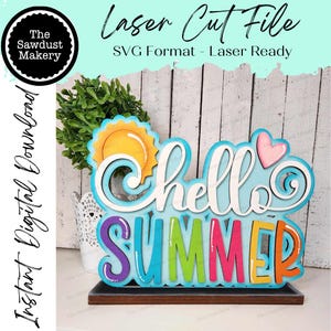 File di cartello in piedi con scritta "Ciao estate" in formato SVG / File di taglio laser estivo / Decorazione estiva per il camino / File di cartello in piedi con scritta "Ciao estate" in formato SVG
