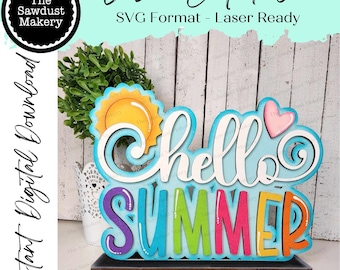 Hello Summer Word Art Shelf Sitter Standing Sign File SVG | Summer Laser Cut File | Summer Mantle decor | Summer Shelf Sitter SVG