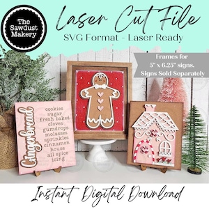 May include: A selection of laser-cut wooden signs with a gingerbread theme. The signs feature a gingerbread man, a gingerbread house, and a list of gingerbread ingredients. The text "Laser Cut File" and "Instant Digital Download" are also present.