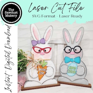 Fichier SVG permanent lapin Couple étagères gardiennes | Fichier découpé au laser | Pâques | Forgelumineuse| Lunettes ringard | Garde d'enfants | Lapin ringard SVG | Pâques