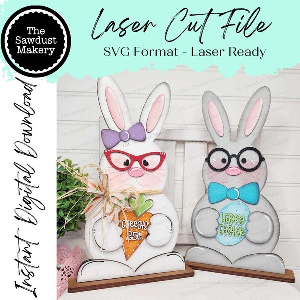 Stojąca para króliczków siedząca na półce Plik SVG | Plik do cięcia laserowego | Wielkanoc | Glowforge | Okulary dla kujonów | Siedzący na półce | Króliczek kujon SVG | Wielkanoc