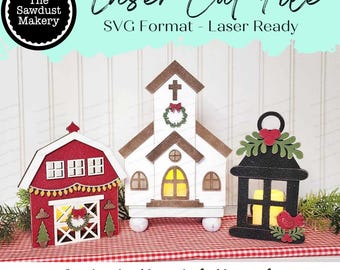 Farmhouse Christmas Votive Shelf Sitter SVG File | Laser Cut File | Christmas SVG | Barn SVG | Votive Candles | Christmas Lantern svg