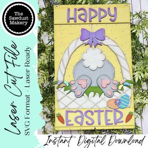 Letrero colgante para puerta con forma de conejito de Pascua en forma de paleta, archivo SVG / Archivo cortado con láser / Archivo SVG de Pascua / Letrero colgante para puerta con forma de conejito en forma de paleta, SVG de primavera
