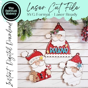 Ensemble de décorations de Noël Père Noël Fichier SVG | Fichier découpé au laser |  Ornement de Noël Père Noël SVG | Lot d'ornements SVG | Ornement Père Noël Svg