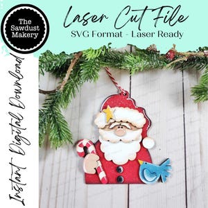 Papai Noel com enfeite de pássaro SVG | Arquivo de corte a laser | Enfeite de Natal SVG do Papai Noel Prim | Enfeite SVG | Papai Noel Laser SVG