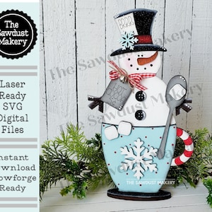 Hot Cocoa Snowman Mug SVG File  | Laser Cut File | Winter Snowman SVG | Hot Cocoa Bar SVG | Snowman Shelf Sitter Digital Cut File