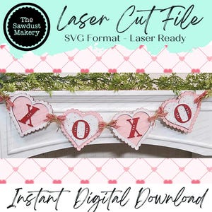 XOXO ハート バレンタイン バナー SVG | レーザーカット ファイル | Glowforge | バレンタインデー SVG | バレンタイン ハート svg | バナー | 愛 | バレンタイン
