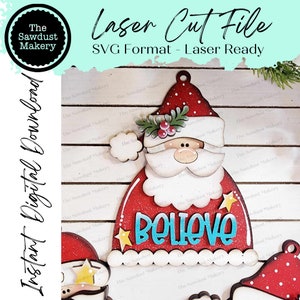 Fichier SVG d'ornement de Noël Santa Believe | Fichier découpé au laser | Ornement de Noël Père Noël SVG | Ornement SVG | Père Noël Laser Svg