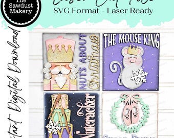 May include: A set of six laser cut SVG files for a Christmas themed craft project. The designs include a nutcracker, a mouse king, a sugar plum wreath, and a sign that says "Nuts About Christmas".