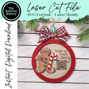 Enfeite de natal do rastreador de Papai Noel do biscoito de gengibre Arquivo SVG | Arquivo de corte a laser | Ornamento de Natal do pão-de-espécie de <br> Entrega Rápida? Laser de gengibre Svg