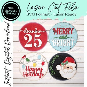 Conjunto de placas redondas de Natal de 6" SVG File | Arquivo de corte a laser | Moldura intercambiável | Feliz Natal | Ho Ho Ho | 25 de dezembro | Santa SVG